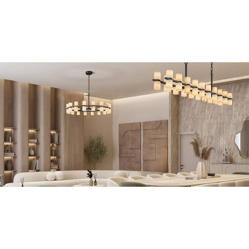 Modern Alabaster Glass Chandelier, Round or Linear Pendant Light with Up & Down Shades, D600-L1370, Copper or Black Finish
