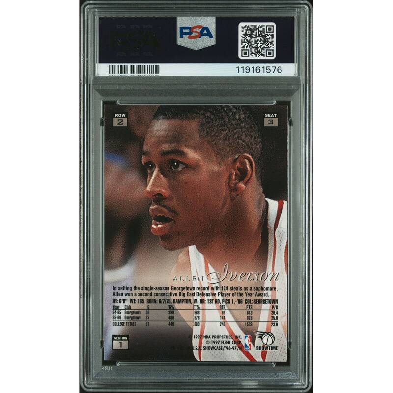 Allen Iverson 1996 Flair Showcase Row 2 Signed Basketball Rookie Card #3 Auto Graded PSA 9 Cert # 119161576 - 8' x 11'