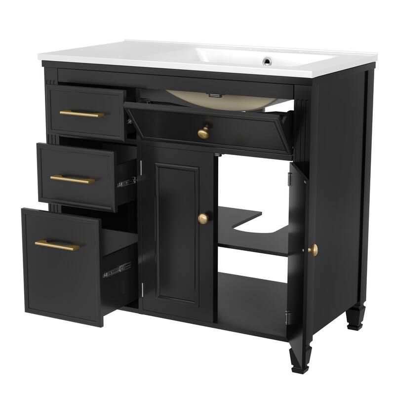 Roomfitters Bathroom Vanity with Sink, Ceramic Basin with One Tip-out Drawer, Three Side Drawers and Adjustable Shelf