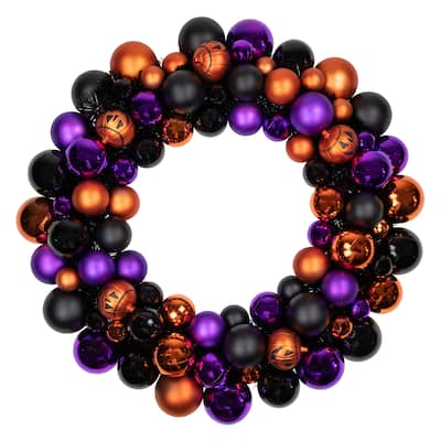 Jack-O-Lantern Shatterproof Ball Ornament Halloween Wreath - 24" Unlit