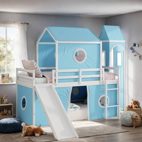slide 2 of 24, Loft Bed with Slide Pink Tent and Tower, Twin Size Blue