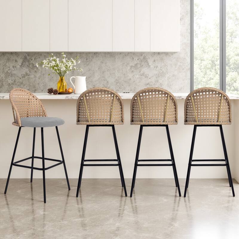 Coastal Rattan Back Counter Height Upholstered Bar Stools