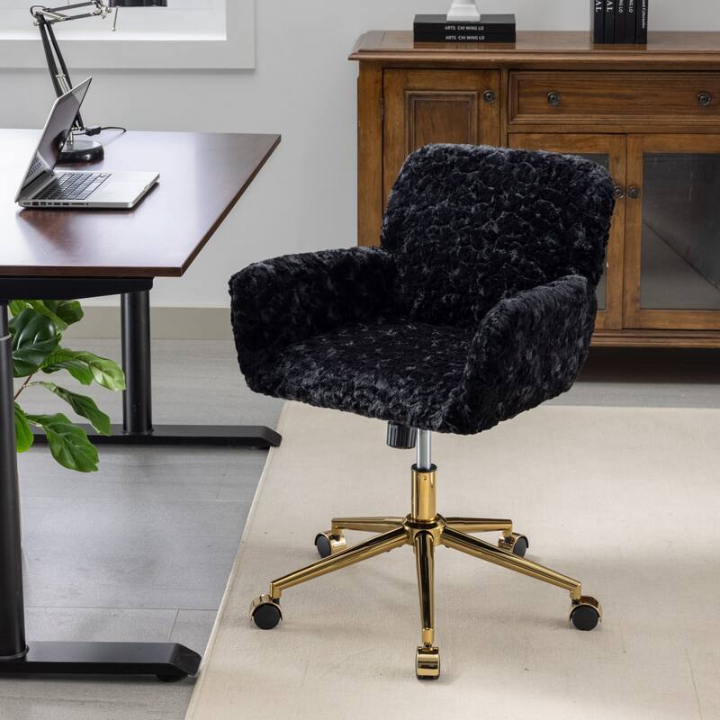 Gold Metal Base Office Chair, Adjustable Swivel Desk Chair with Recline Function, Comfortable Vanity Chair for Bedroom - Black