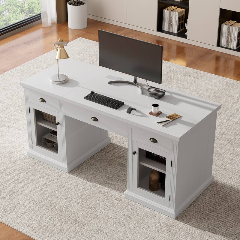 67-Inch Modern Executive Computer Desk with 2 Glass Doors Storage Cabinet & 3 Drawers