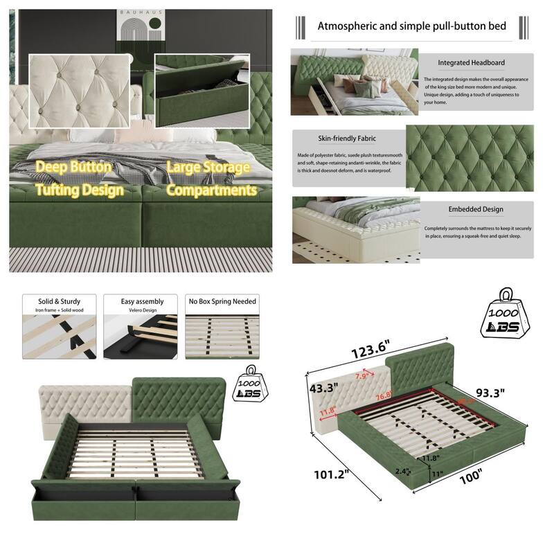 King Size Upholstered Bed with Storage Compartments and Footboard