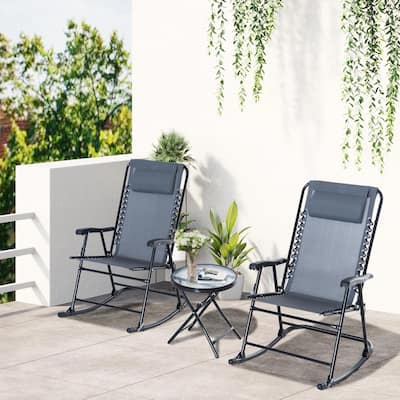 Folding Rocking Patio Set, 2 Armrest Chairs, Tempered Glass Side Table