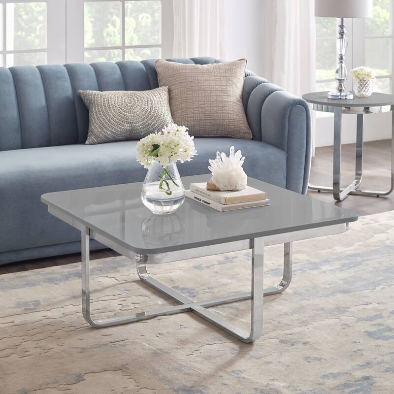 35" Sleek Square Coffee Table with Chrome Cross Legs and Stainless Steel Frame Modern Wood Design - 35.4”L x 35.4”W x 15.6”H