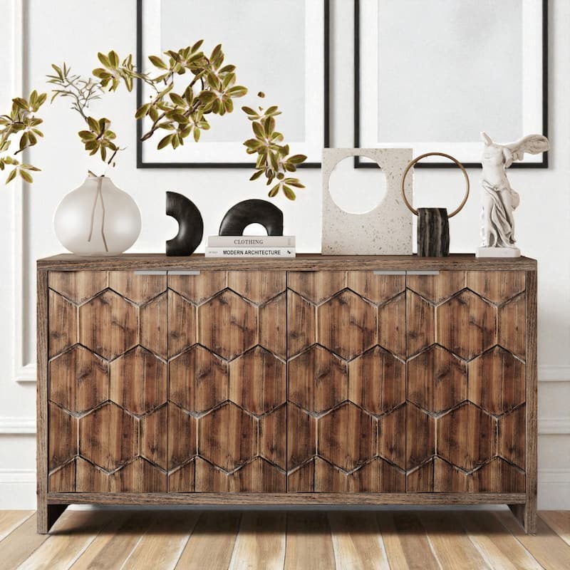 Farmhouse Style 4-Door Wooden Sideboard Buffet Cabinet with Adjustable Shelves and Metal Handles.