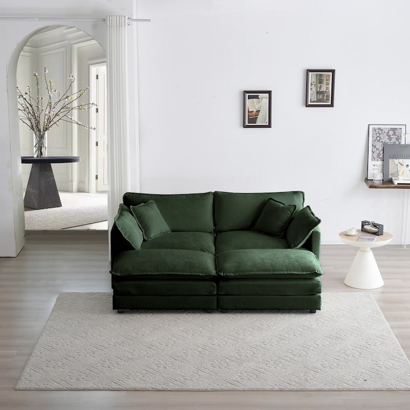 Green 4-Piece Chenille Modular Sectional Sofa with Loveseat & Ottomans