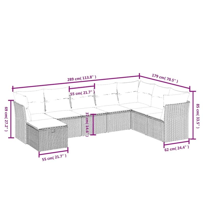 vidaXL Patio Sofa Set with Cushions Outdoor Conversation Furniture Poly Rattan - 24.4" x 24.4" x 27.2"