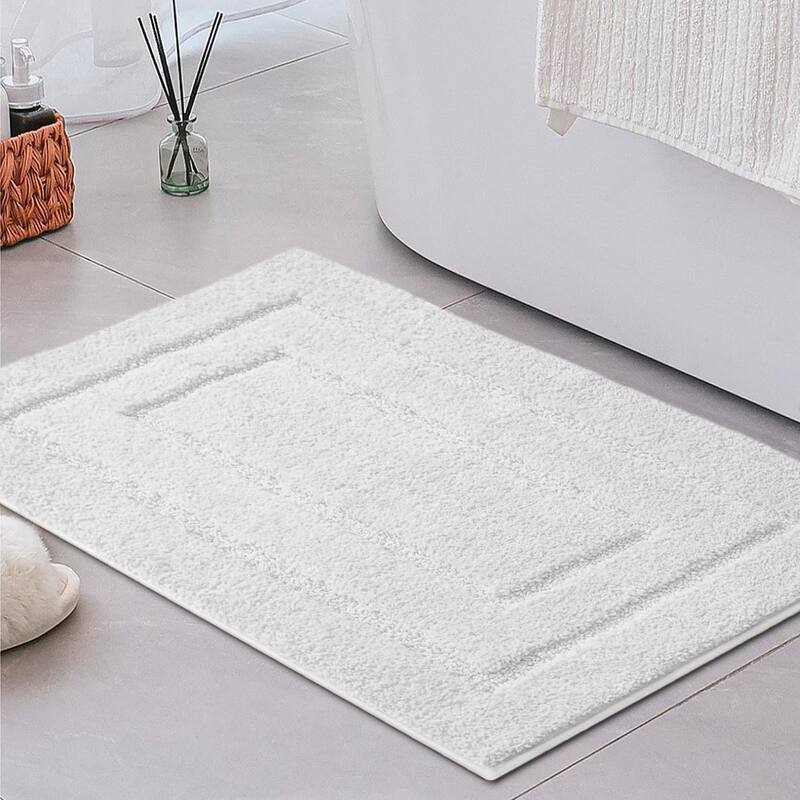 White 2 Piece Bordered Box Plush Soft Cozy 100% Polyester Bath Mat Set