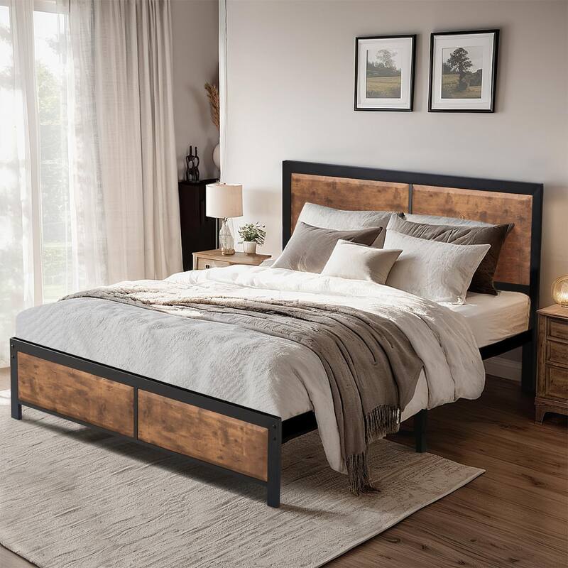 VECELO Platform Bed Frame with Wooden Headboard, Heavy Duty Steel Slats Support, No Box Spring Needed