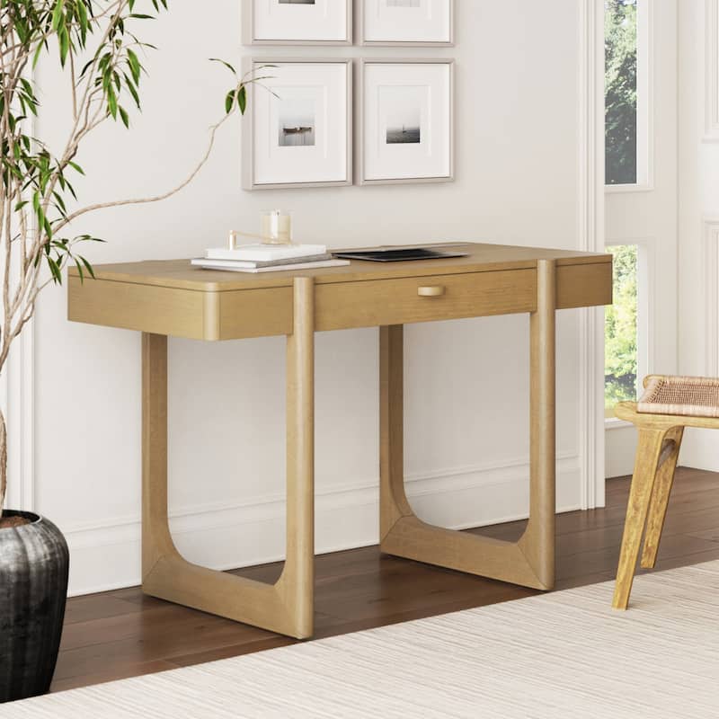 Haley Mid Century Modern Home Office Desk, Solid Wood Writing Desk with Drawer and Rounded Leg Details - Unbrushed Light Brown