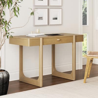 Haley Mid Century Modern Home Office Desk, Solid Wood Writing Desk with Drawer and Rounded Leg Details
