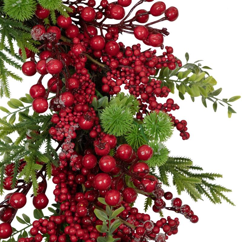 Artificial Frosted Red Berry and Pine Christmas Wreath, 28-Inch, Unlit