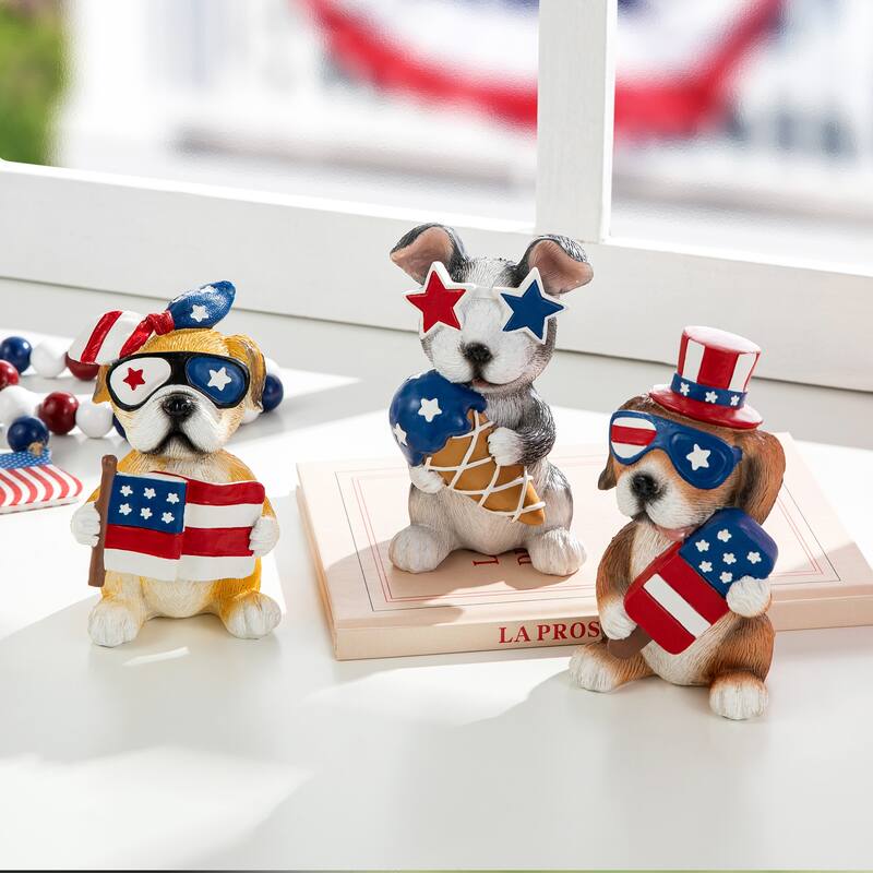 Glitzhome 4.5"H Set of 3 Patriotic Americana Resin Dogs Table Decor