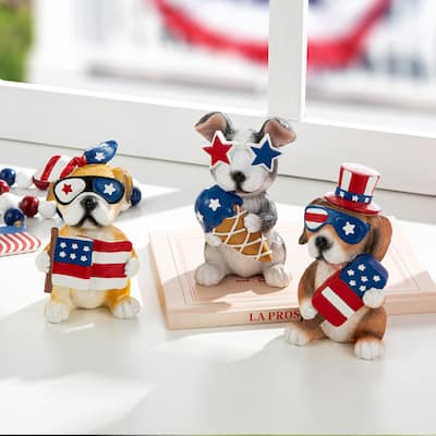 Glitzhome 4.5"H Set of 3 Patriotic Americana Resin Dogs Table Decor