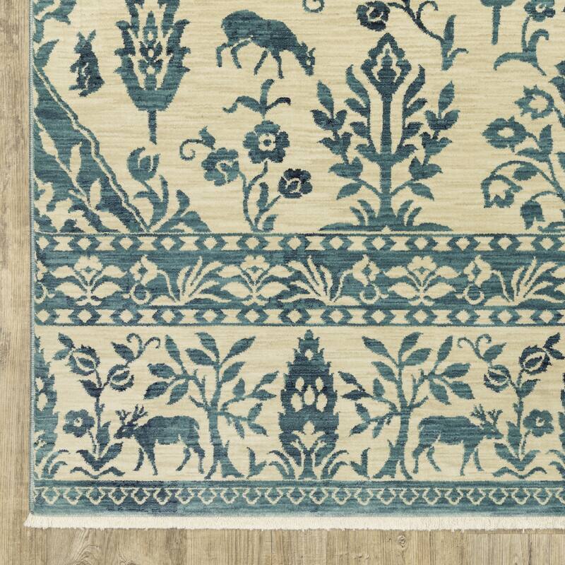 Style Haven Federica Bohemian Border Ivory/Blue Fringe Edge Area Rug