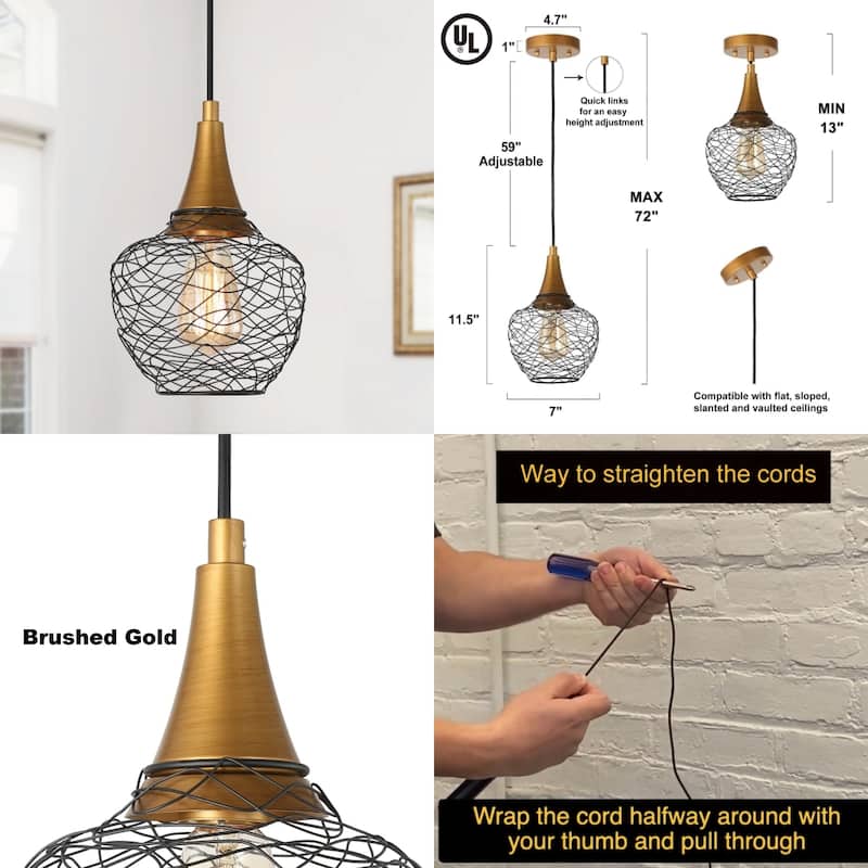 Alisar Mid-century Modern 7inch Mini Farmhouse Metal Cage Lantern Pendant Black Wire Kitchen Island Bar Ceiling Lights