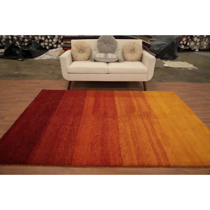 Hand Knotted Oriental 100% Wool Carpet Modern Stripe Oranges & Rust Gabbeh Area Rug - 7' 11'' X 5' 9''