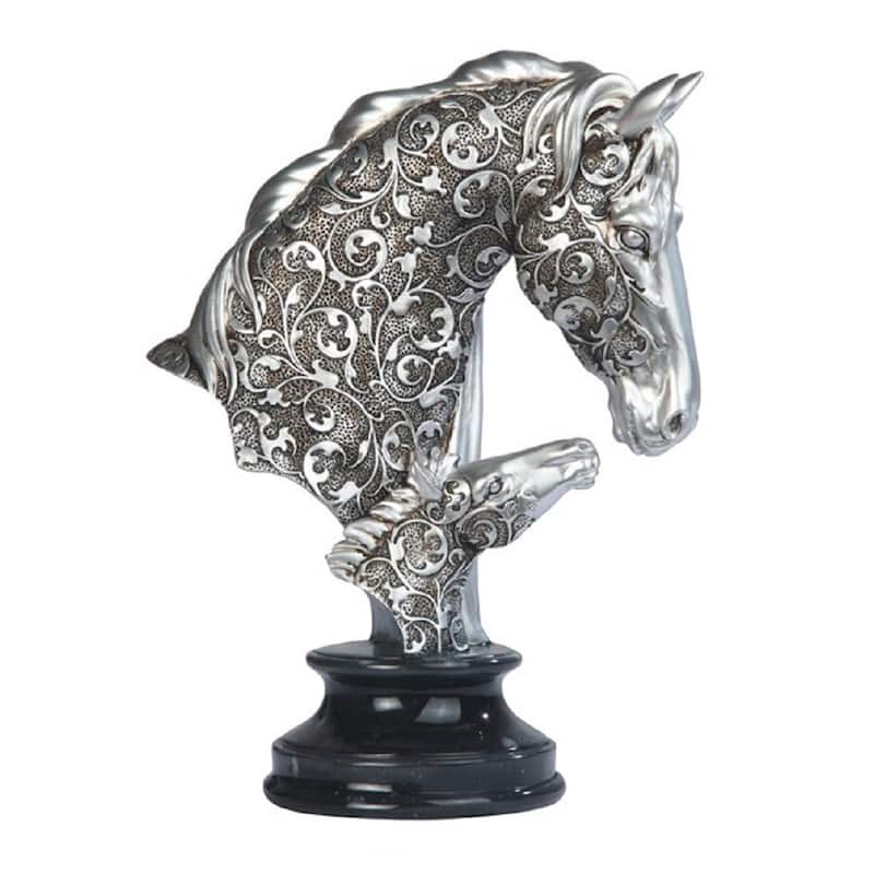 Q-Max 10"H Decorative Craved Silver Horse Head Bust Figurine with Base