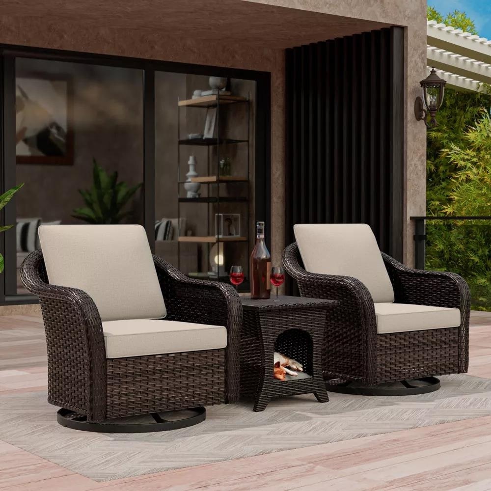 COZYWOR Outdoor Swivel Rocking Chair Set with Pet Side Table: 360 Rotation, Hand-Woven All-Weather Fabric & Cozy Pet Nook