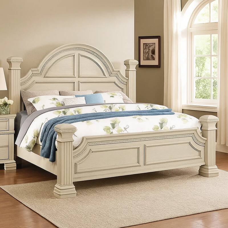 Akia Queen Bed, Antique White Solid Wood, Reeded Posts, Molded Trim