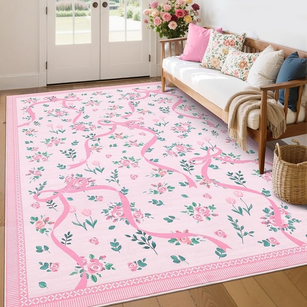 Floral Rugs for Living Room Bedroom Washable Bow Pattern Area Rug Non Slip Low Pile Indoor Home Decor Carpet - 10'x13' - Pink