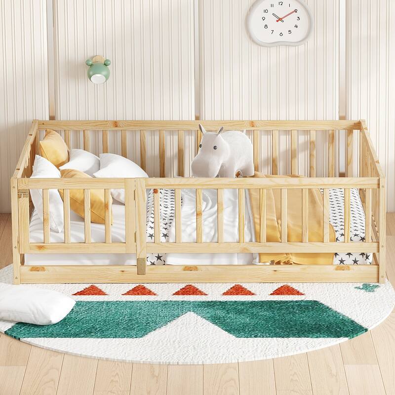 Kids Montessori Floor Bed for Kids, Girls, Boys, Solid Wood Floor Bed Frame with Fence and Door, No Box Spring Needed - Oak - Full