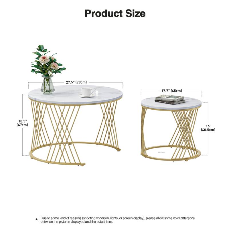 Anmytek Round Nesting Coffee Table Set of 2, White Modern End Tables Living Room Faux Marble Sofa Beside Table