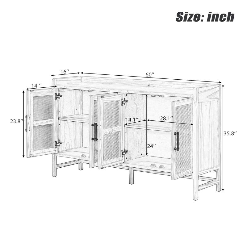 Natural Walnut Buffet Sideboard Storage Cabinet, Rattan Doors Accent Cabinet Console Table for Dining Room Living Room