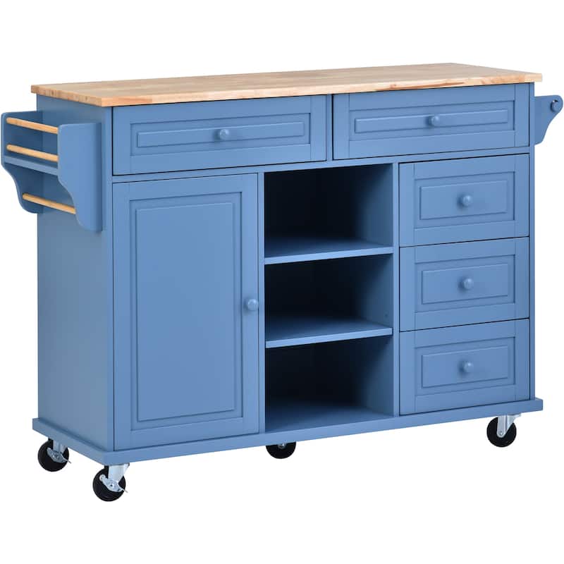 Kitchen Island with on Locking Wheels, Rolling Cart with Rubber Wood Desktop, Mobile Island with 3 Open Shelves & 5 Drawers