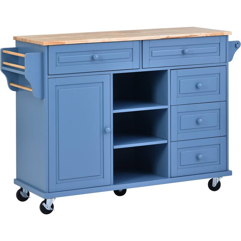 Rolling Kitchen Island Cart with Rubber Wood Top, 5 Drawers, Storage Cabinet & Adjustable Shelves - 53" Black