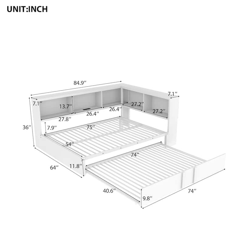 White Full Size Metal Daybed with Trundle, Storage Cabinets, USB Ports