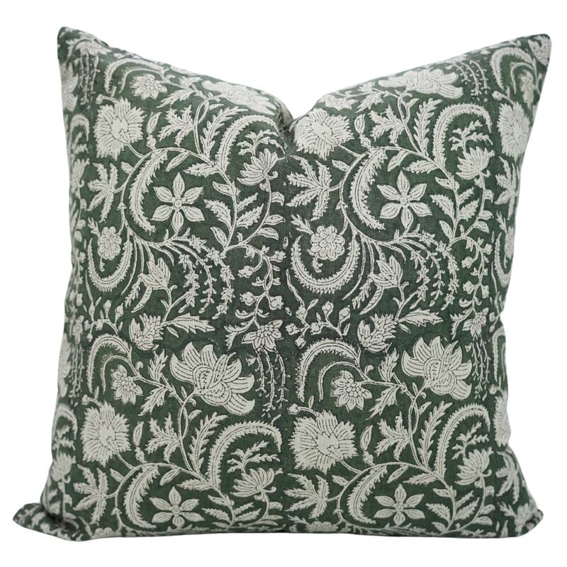Fabdivine 12x20 Handmade Pure Linen Cushion Cover Floral Mustard Ideal for Sofa, Floral Block Print, Accent Décor, Bagru Buti - Pillow Covers - Kundanvan- Dark Green - 26" x 26"