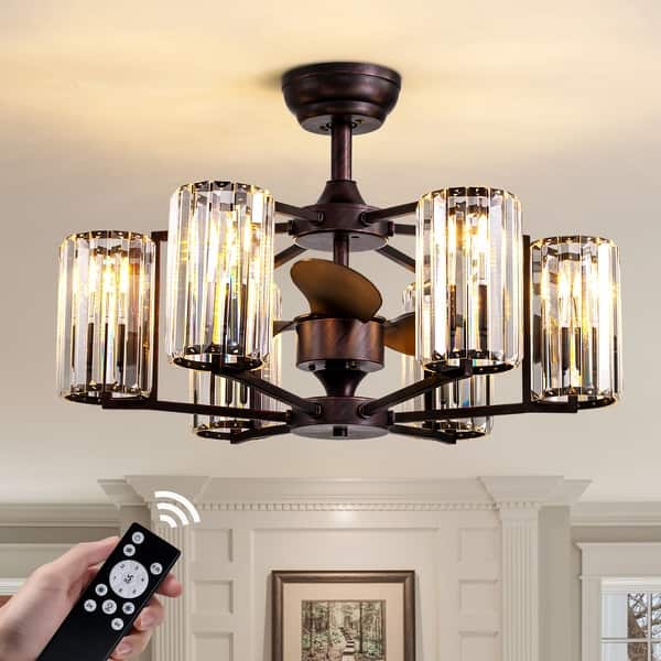 slide 2 of 23, 6-Light Smart Crystal Column Caged Ceiling Fan Light - 27 inch-6 Lights