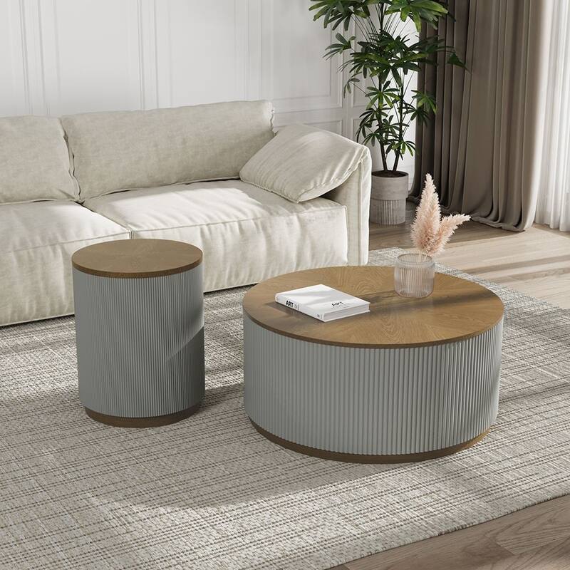 Modern Round Coffee Table，Wood Coffee Table, Solid Wood Veneer, For Living Room, Gray