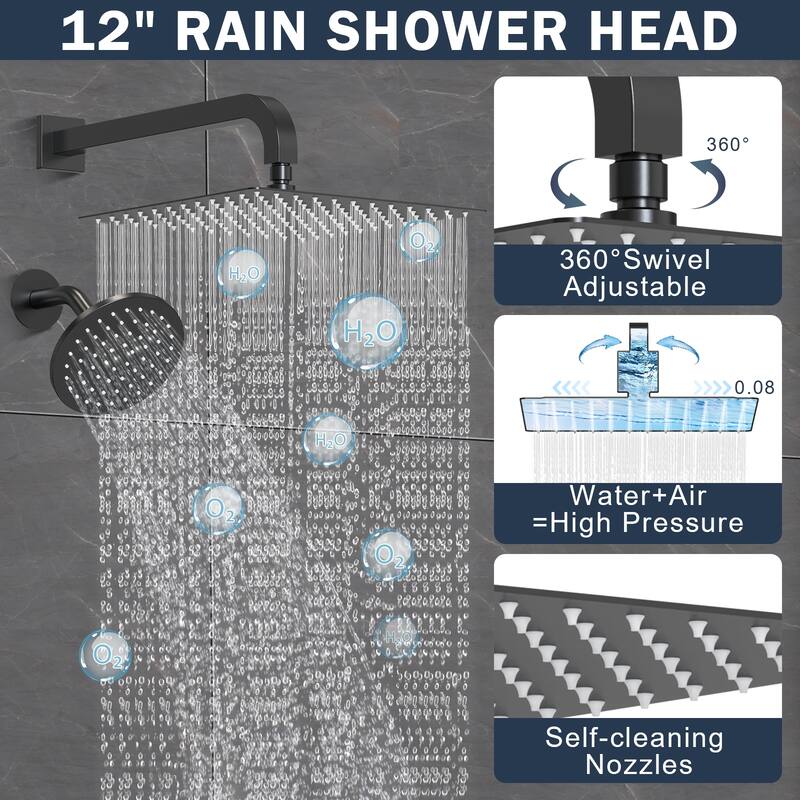 Thermostatic Dual Shower System 12" and 6" Rainfall Shower Head with 6 Body Jets & Handheld Shower