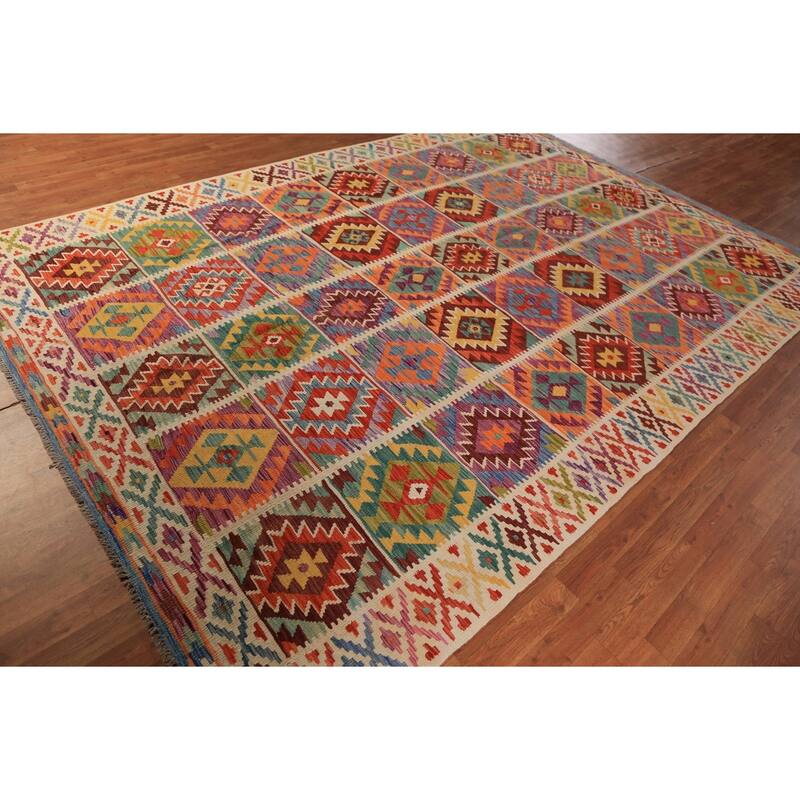 All-Over Geometric Kilim Area Rug Flatweave Wool Carpet - 8'0"x 11'7"