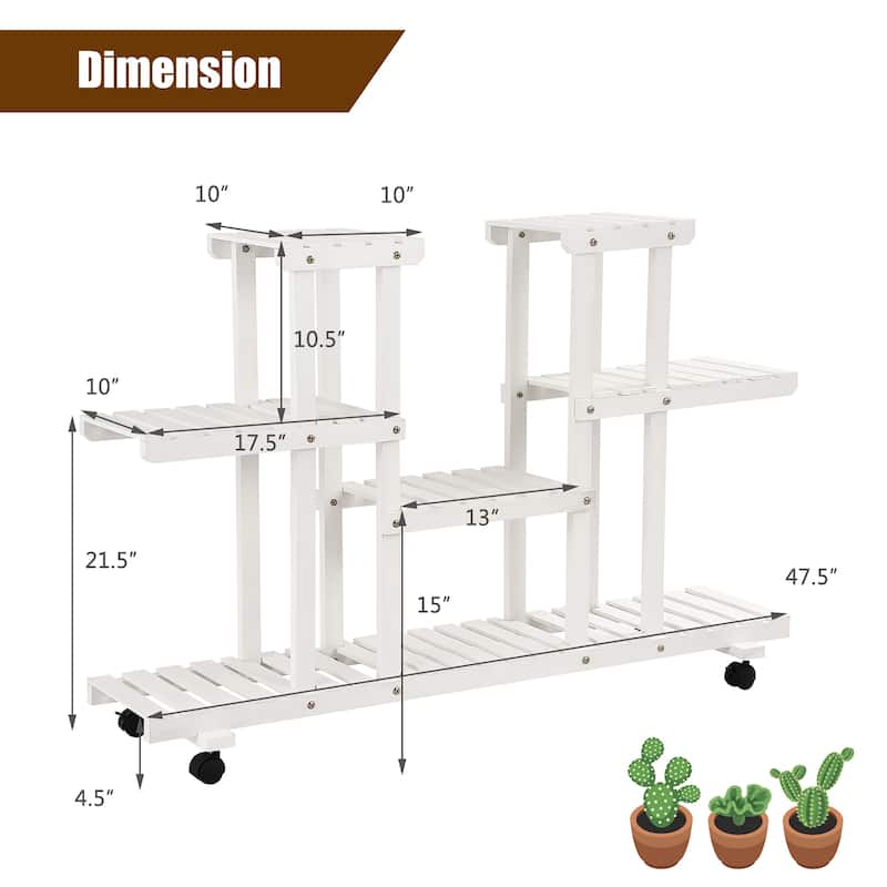 4-Tier Rolling Flower Rack Wood Plant Stand Casters 12 Pots Bonsai