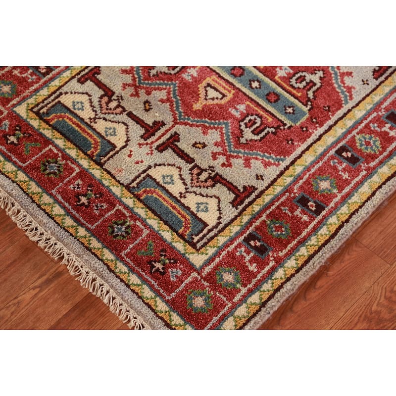 Hand Knotted Oriental 100% Wool Carpet Traditional Geometric Greys & Charcoal Heriz (serapi) Runner Rug - 7' 10'' X 2' 7''