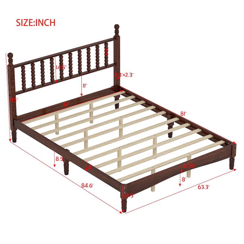 Full / Queen / King Retro Style Wood Platform Bed with Gourd Headboard and Wooden Slat Support