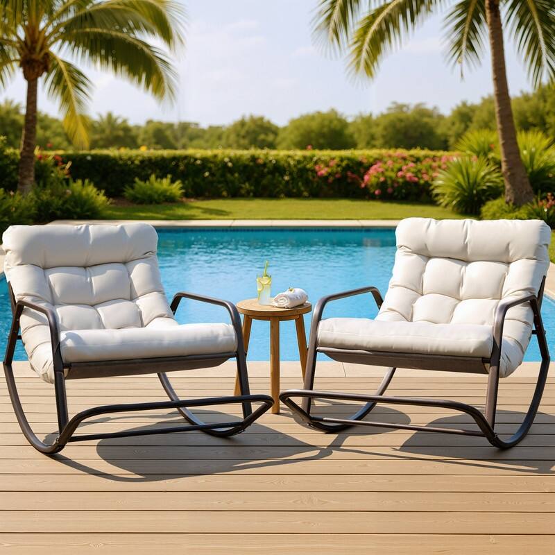 FINCATI Outdoor Patio Rocking Chair, Papasan Chair Rocker, Oversized Padded Rocking Chair, Lounge Rocker with Cushion - 2 PCS-Beige