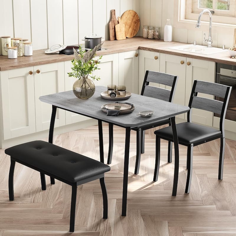 Kitchen Dining Table Set with 2 Classic Dinner Chairs and Upholstered Bench - Grey