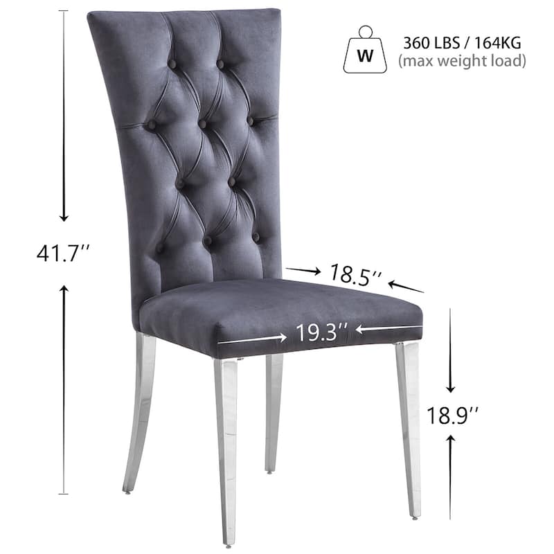 Modern Stylish Grey Velvet Buttons Tufted Upholstered Dining Room Chairs with Silver Stainless Steel Legs
