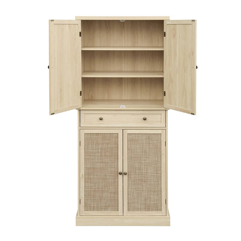 GDFStudio - TallRattan Modern Storage Cabinet with 4 Doors, 1 Drawer, and Adjustable Shelves