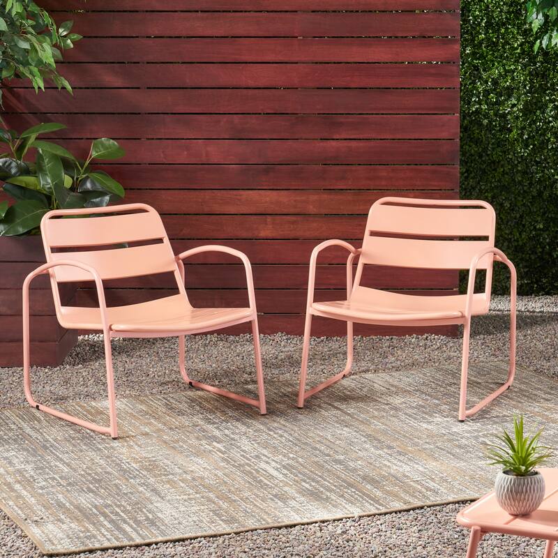 Conrad Coral Iron Outdoor Patio Chair Set of 2 with Open Slat Design 27W x 24.5D x 25.25H Inches