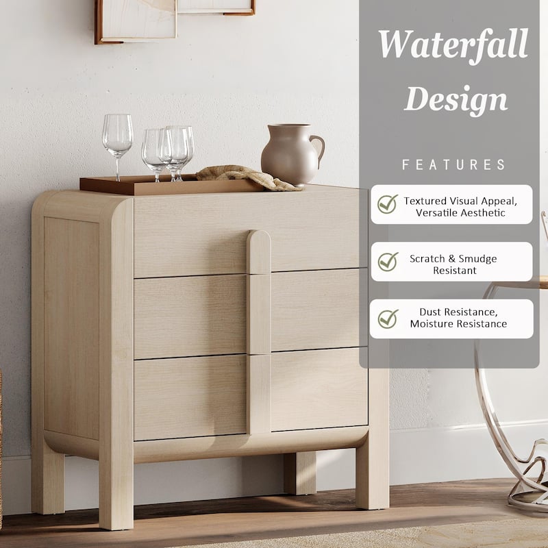 WAMPAT Modern Wood Nightstand With 3 Drawers ,31.5" Large Mid-Century End Table,Curved Bedside Table Storage Cabinet For Bedroom