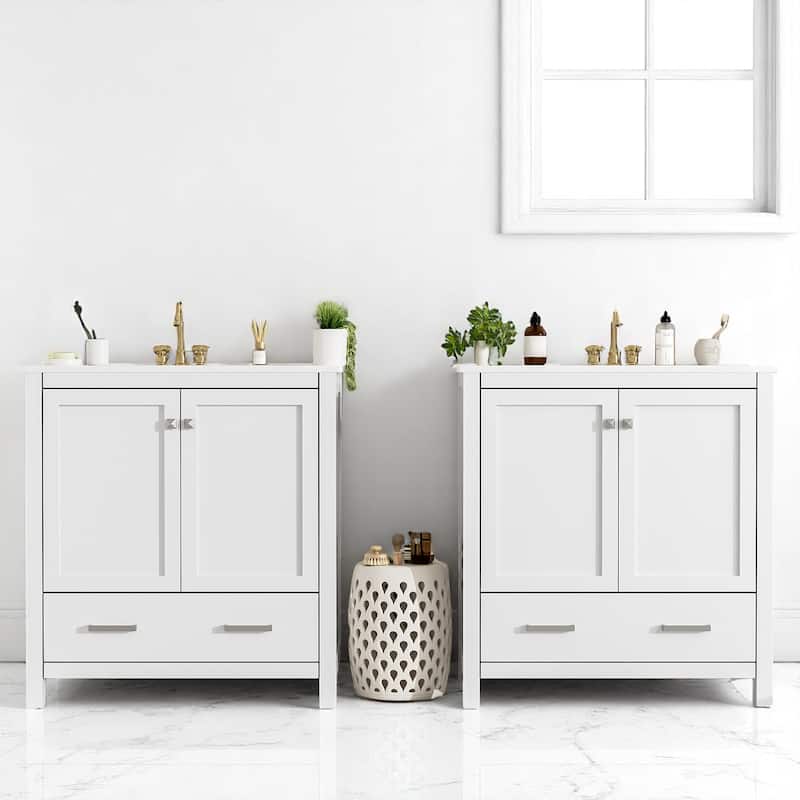 60 Inch Bathroom Vanity with Double Ceramic Sinks, Freestanding Cabinet with Ample Storage and Soft Closing Doors - White