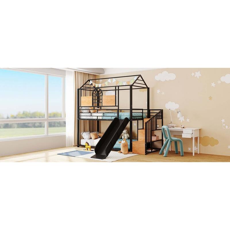 Metal Housebed Bunk Bed with Slide & Storage Stair